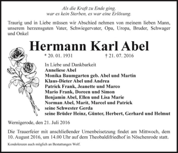 Traueranzeige von Hermann Karl Abel  von Magdeburger Volksstimme