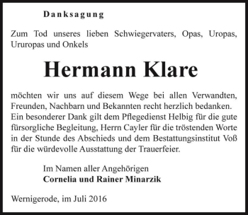 Traueranzeige von Hermann Klare  von Magdeburger Volksstimme