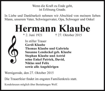 Traueranzeige von Hermann Klaube  von Magdeburger Volksstimme