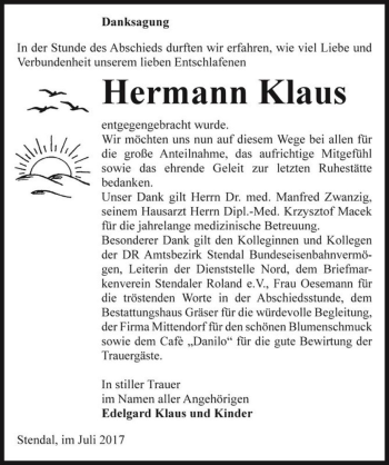 Traueranzeige von Hermann Klaus  von Magdeburger Volksstimme