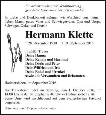 Traueranzeige von Hermann Klette  von Magdeburger Volksstimme