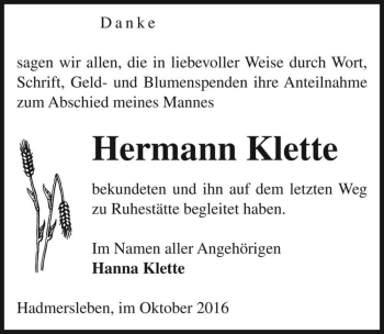 Traueranzeige von Hermann Klette  von Magdeburger Volksstimme