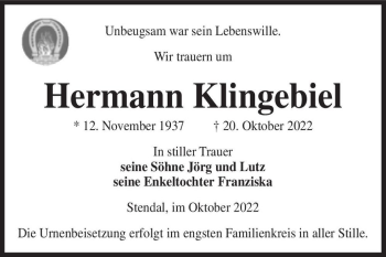 Traueranzeige von Hermann Klingebiel  von Magdeburger Volksstimme