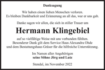 Traueranzeige von Hermann Klingebiel  von Magdeburger Volksstimme