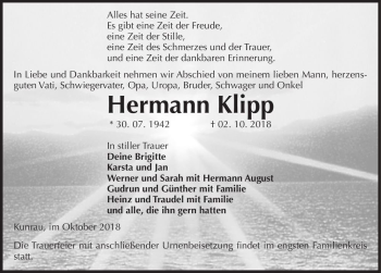 Traueranzeige von Hermann Klipp  von Magdeburger Volksstimme