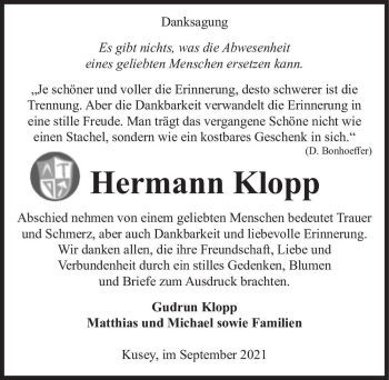 Traueranzeige von Hermann Klopp  von Magdeburger Volksstimme