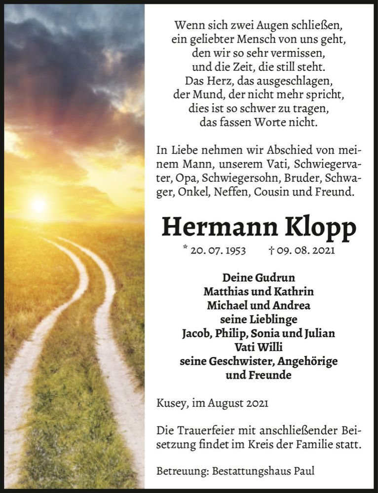  Traueranzeige für Hermann Klopp  vom 17.08.2021 aus Magdeburger Volksstimme