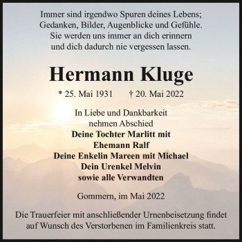 Traueranzeige von Hermann Kluge  von Magdeburger Volksstimme