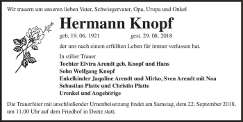 Traueranzeige von Hermann Knopf  von Magdeburger Volksstimme