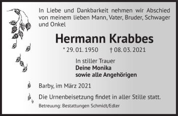 Traueranzeige von Hermann Krabbes  von Magdeburger Volksstimme
