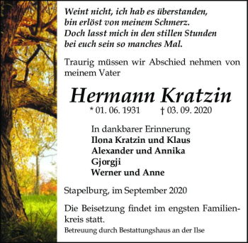 Traueranzeige von Hermann Kratzin  von Magdeburger Volksstimme