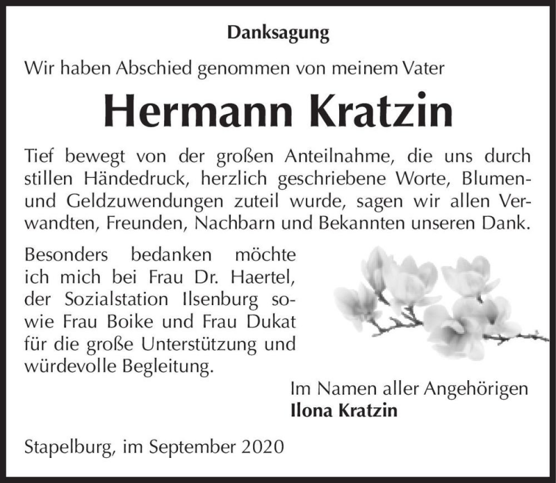  Traueranzeige für Hermann Kratzin  vom 30.09.2020 aus Magdeburger Volksstimme