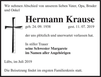 Traueranzeige von Hermann Krause  von Magdeburger Volksstimme