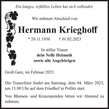 Traueranzeige von Hermann Krieghoff  von Magdeburger Volksstimme