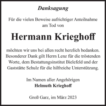 Traueranzeige von Hermann Krieghoff  von Magdeburger Volksstimme