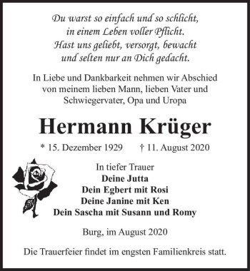 Traueranzeige von Hermann Krüger  von Magdeburger Volksstimme