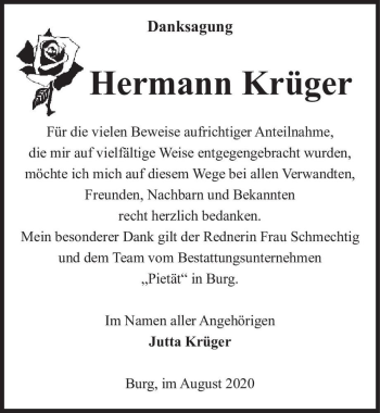 Traueranzeige von Hermann Krüger  von Magdeburger Volksstimme