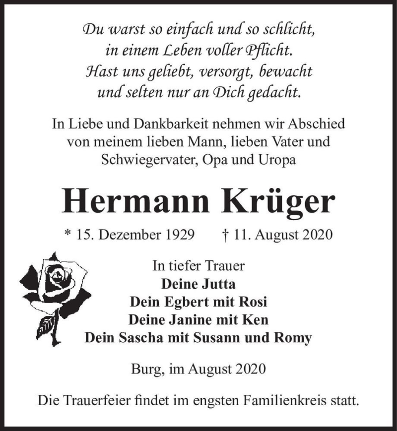  Traueranzeige für Hermann Krüger  vom 15.08.2020 aus Magdeburger Volksstimme