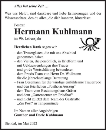 Traueranzeige von Hermann Kuhlmann  von Magdeburger Volksstimme