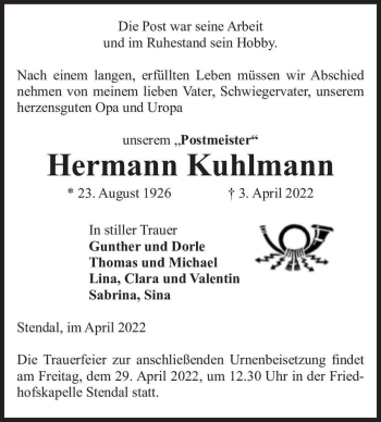 Traueranzeige von Hermann Kuhlmann  von Magdeburger Volksstimme