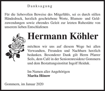 Traueranzeige von Hermann Köhler  von Magdeburger Volksstimme