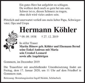 Traueranzeige von Hermann Köhler  von Magdeburger Volksstimme