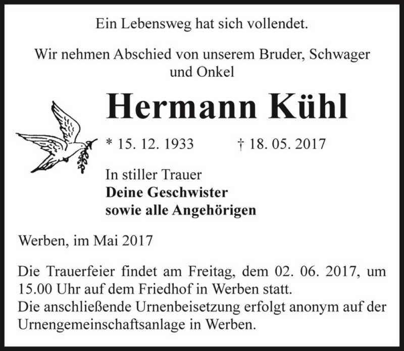  Traueranzeige für Hermann Kühl  vom 27.05.2017 aus Magdeburger Volksstimme