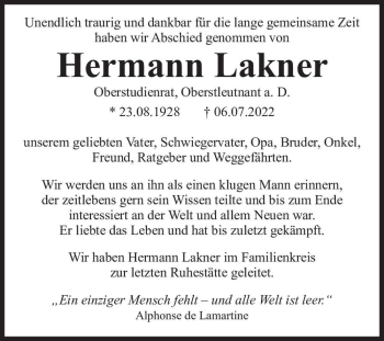 Traueranzeige von Hermann Lakner  von Magdeburger Volksstimme