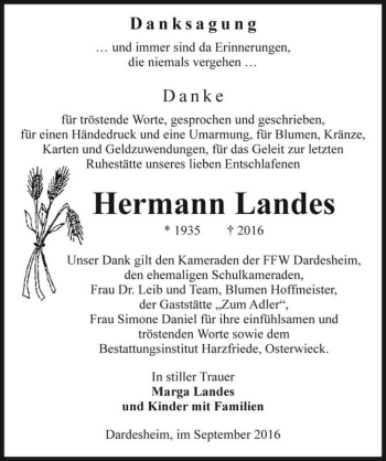 Traueranzeige von Hermann Landes  von Magdeburger Volksstimme