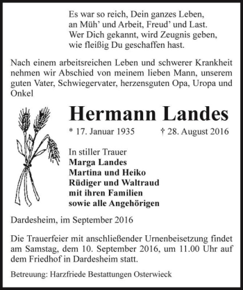 Traueranzeige von Hermann Landes  von Magdeburger Volksstimme