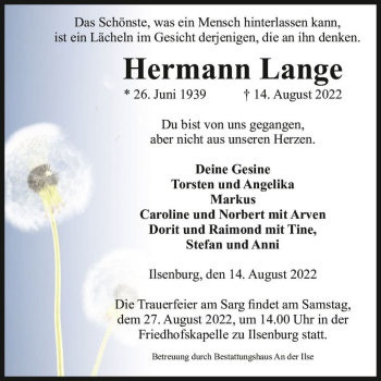 Traueranzeige von Hermann Lange  von Magdeburger Volksstimme