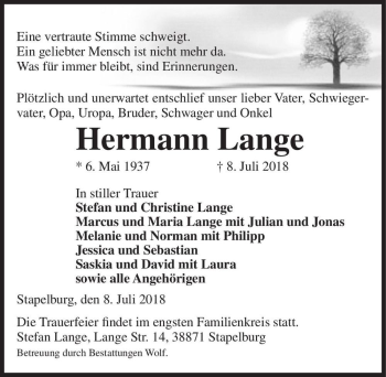 Traueranzeige von Hermann Lange  von Magdeburger Volksstimme