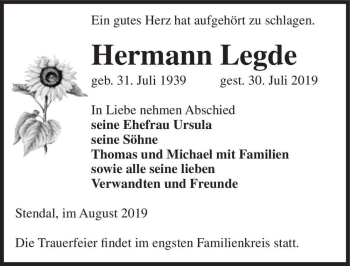 Traueranzeige von Hermann Legde  von Magdeburger Volksstimme