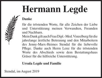 Traueranzeige von Hermann Legde  von Magdeburger Volksstimme