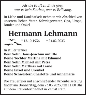 Traueranzeige von Hermann Lehmann  von Magdeburger Volksstimme