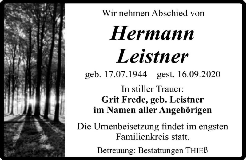  Traueranzeige für Hermann Leistner  vom 02.10.2020 aus Magdeburger Volksstimme