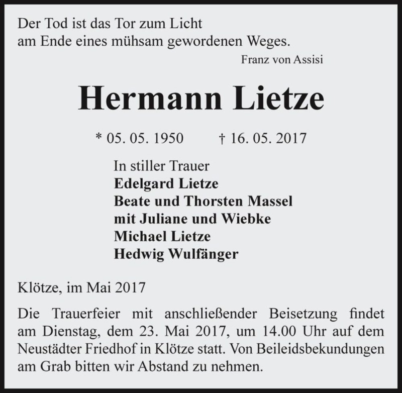  Traueranzeige für Hermann Lietze  vom 18.05.2017 aus Magdeburger Volksstimme
