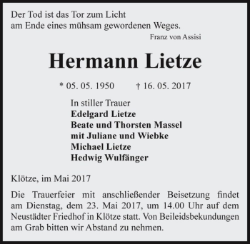 Traueranzeige von Hermann Lietze  von Magdeburger Volksstimme