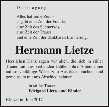Traueranzeige von Hermann Lietze  von Magdeburger Volksstimme