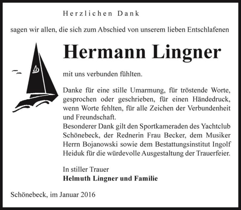  Traueranzeige für Hermann Lingner  vom 23.01.2016 aus Magdeburger Volksstimme