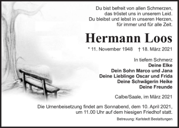 Traueranzeige von Hermann Loos  von Magdeburger Volksstimme