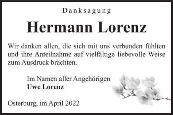 Traueranzeige von Hermann Lorenz  von Magdeburger Volksstimme