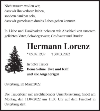 Traueranzeige von Hermann Lorenz  von Magdeburger Volksstimme