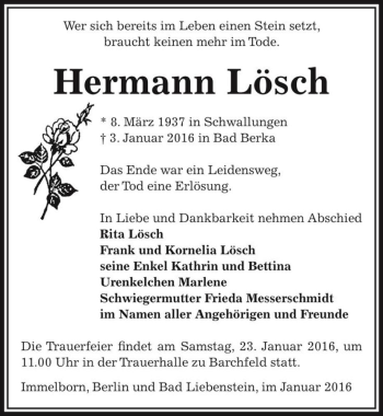 Traueranzeige von Hermann Lösch  von Magdeburger Volksstimme
