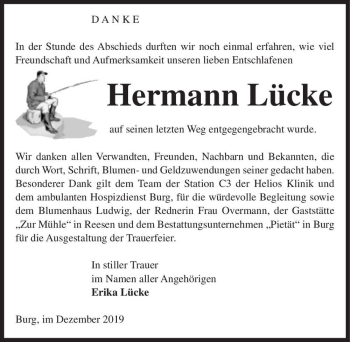 Traueranzeige von Hermann Lücke  von Magdeburger Volksstimme