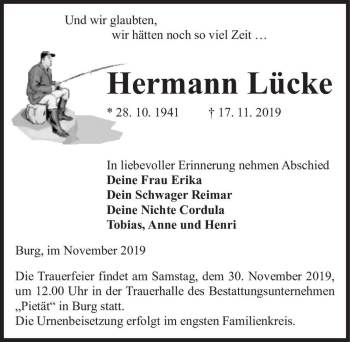 Traueranzeige von Hermann Lücke  von Magdeburger Volksstimme