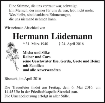 Traueranzeige von Hermann Lüdemann  von Magdeburger Volksstimme
