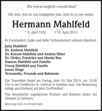 Traueranzeige von Hermann Mahlfeld  von Magdeburger Volksstimme