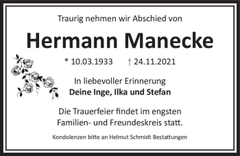 Traueranzeige von Hermann Manecke  von Magdeburger Volksstimme