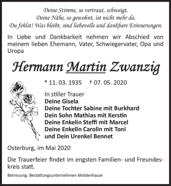 Traueranzeige von Hermann Martin Zwanzig  von Magdeburger Volksstimme
